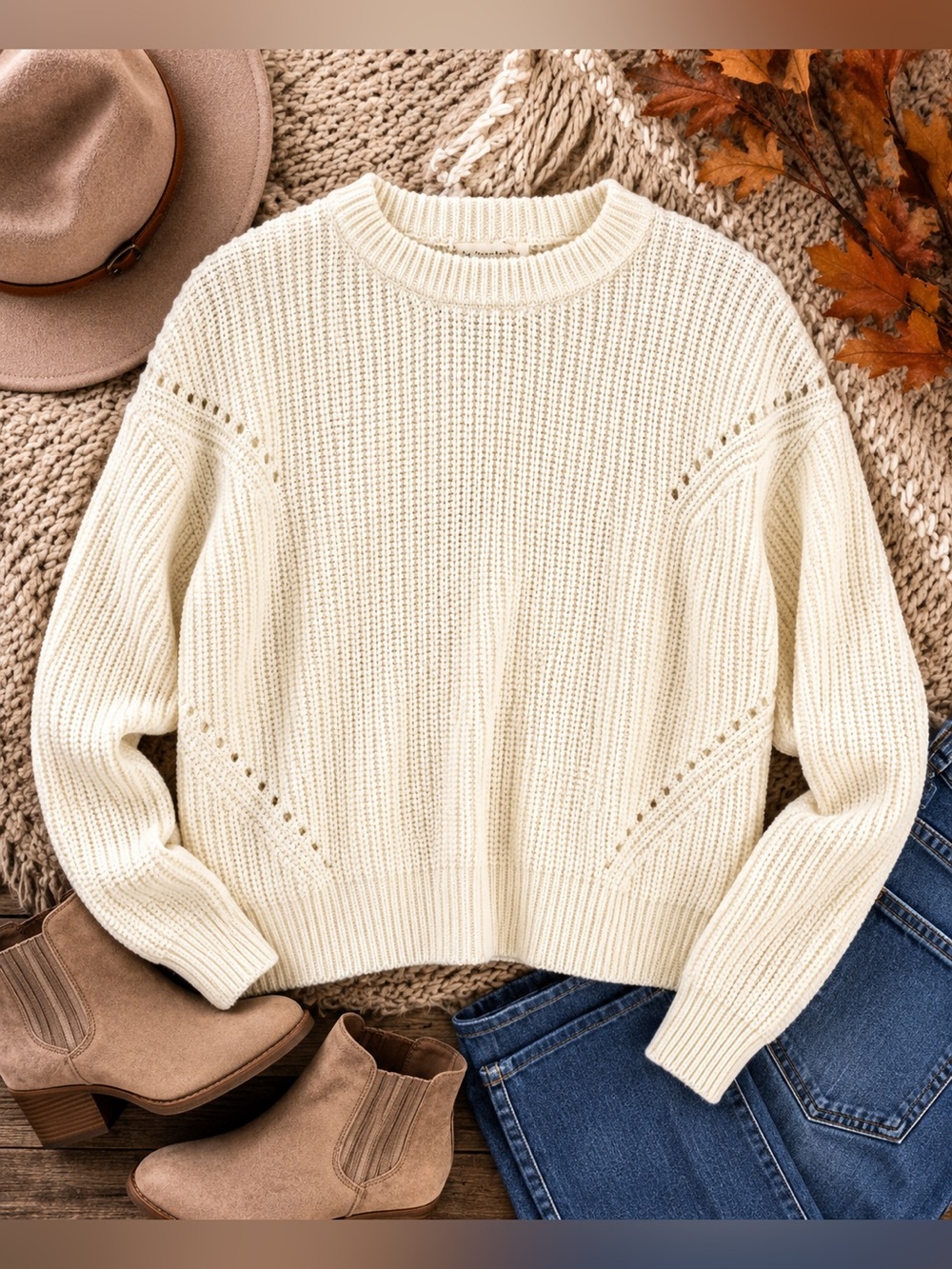 NWT By Together Cream Chunky Knit Openwork Crewneck Sweater Size S